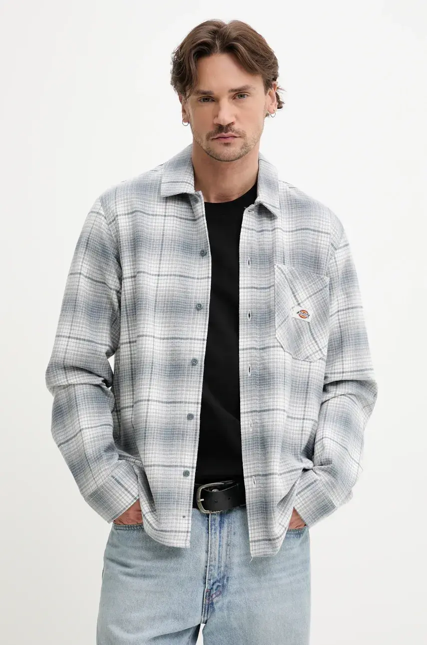 Bavlnená košeľa Dickies pánske, šedá farba, voľný strih, s klasickým golierom, DK0A8653G701