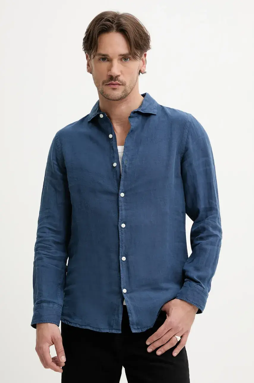 Ľanová košeľa Superdry pánske, tmavomodrá farba, regular, s klasickým golierom, M4010995A-11S