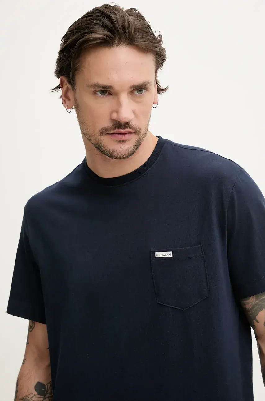 Bavlnené tričko Guess Jeans pánske, tmavomodrá farba, jednofarebné, M5RI74 K8FQ4