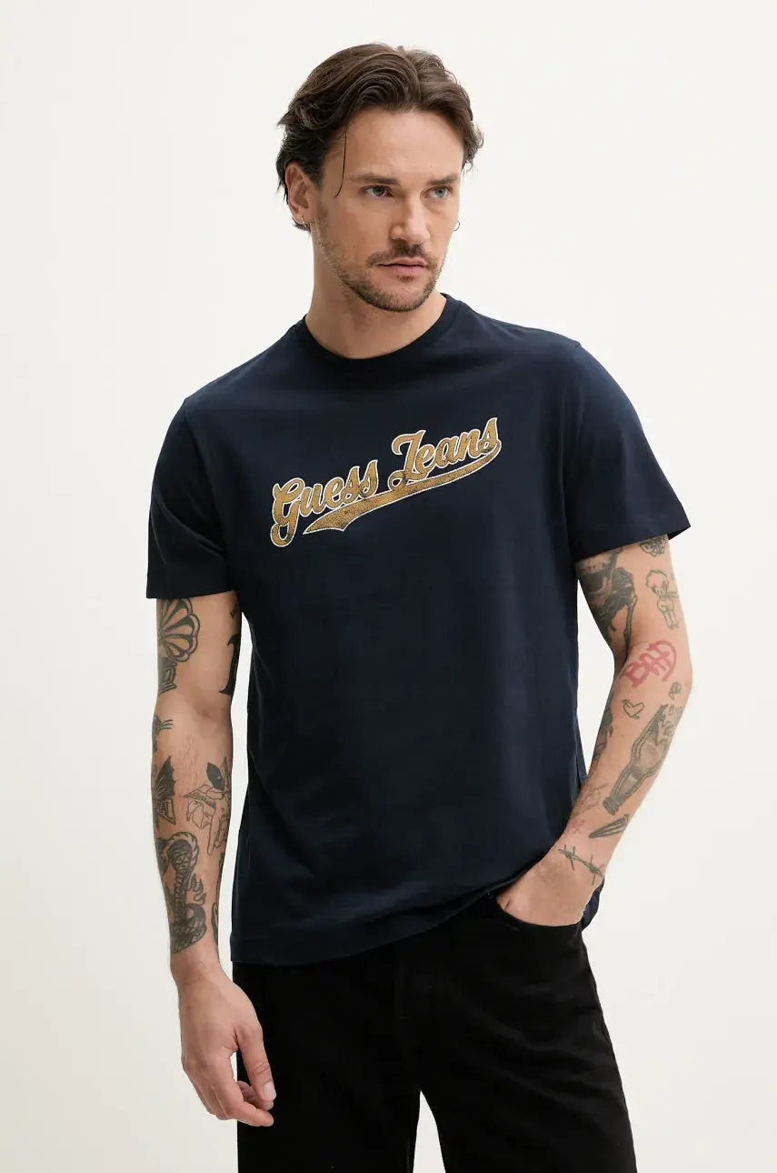 Bavlnené tričko Guess Jeans pánske, tmavomodrá farba, s potlačou, M5GI54 K8FQ4