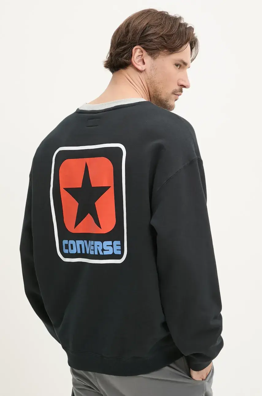 Bavlnená mikina Converse pánska, čierna farba, s potlačou, 10028407-A01