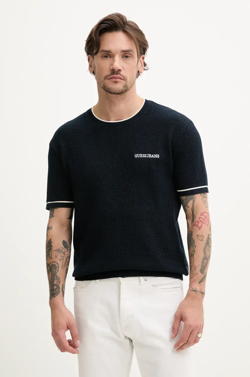 Bavlnené tričko Guess Jeans pánske, tmavomodrá farba, jednofarebné, M5GR17 Z3HM1