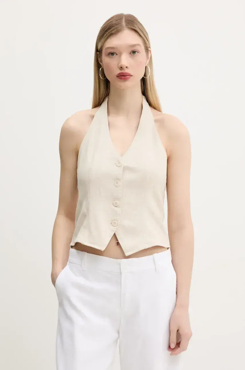 Ľanová vesta Hollister Co. dámske, béžová farba, jednoradová, KI340-5071