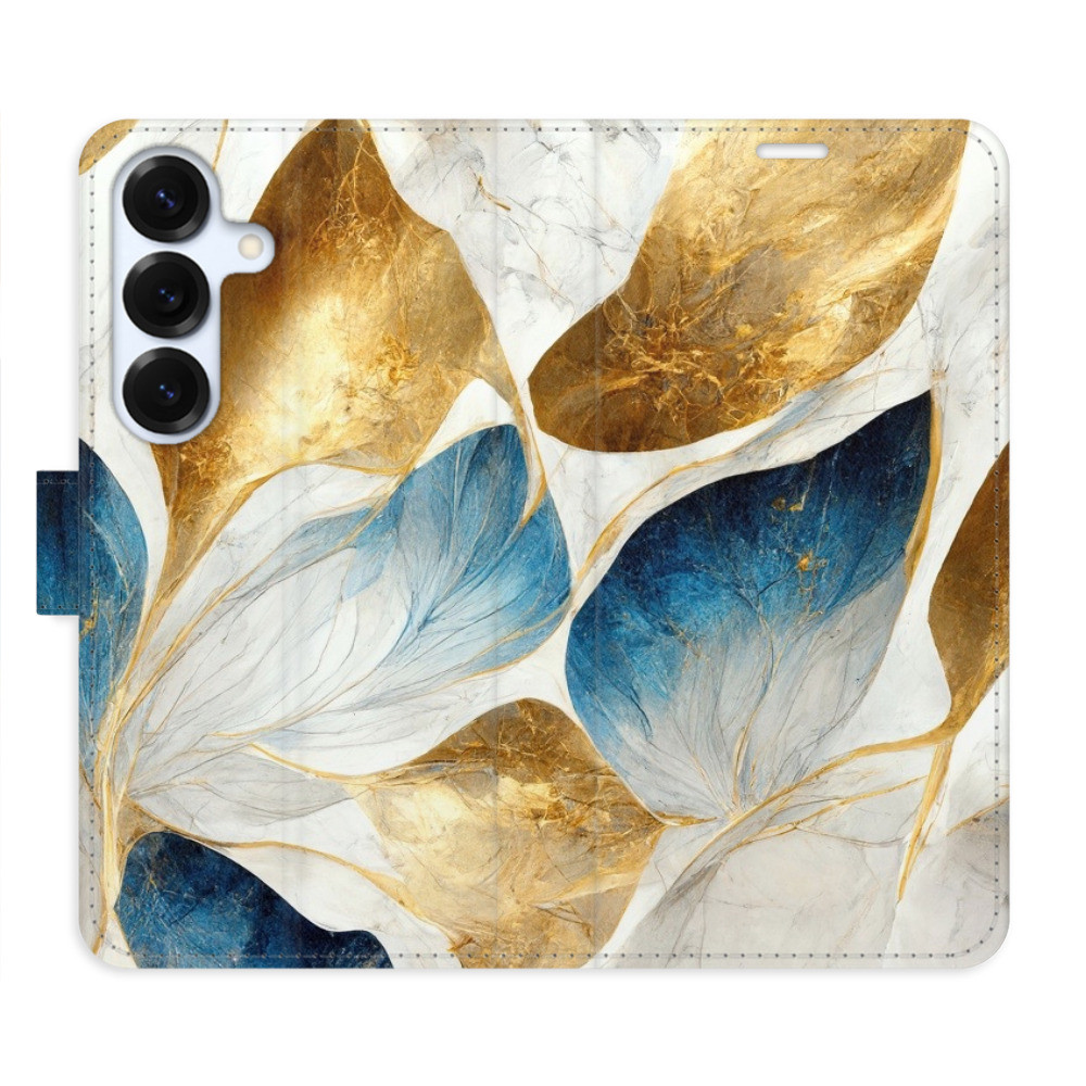 Flipové puzdro iSaprio - GoldBlue Leaves - Samsung Galaxy S25