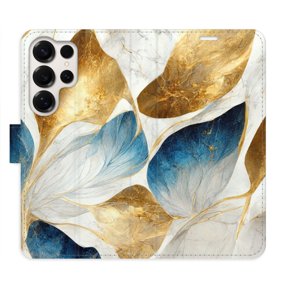 Flipové puzdro iSaprio - GoldBlue Leaves - Samsung Galaxy S25 Ultra