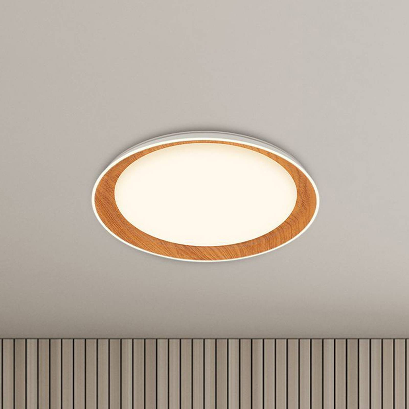 Stropné svietidlo Ijus LED, farba biela/drevo, Ø 43 cm, plast