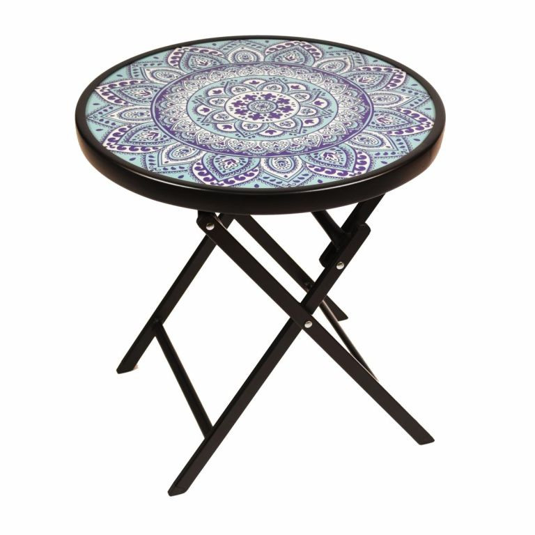Záhradný bistro stolík, skladací, Ø 45 cm, modrý/vzorovaný