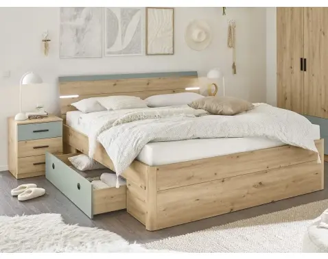 Posteľ s nočnými stolíkmi Savina 180x200 cm, dub artisan/šalviová, s osvetlením%