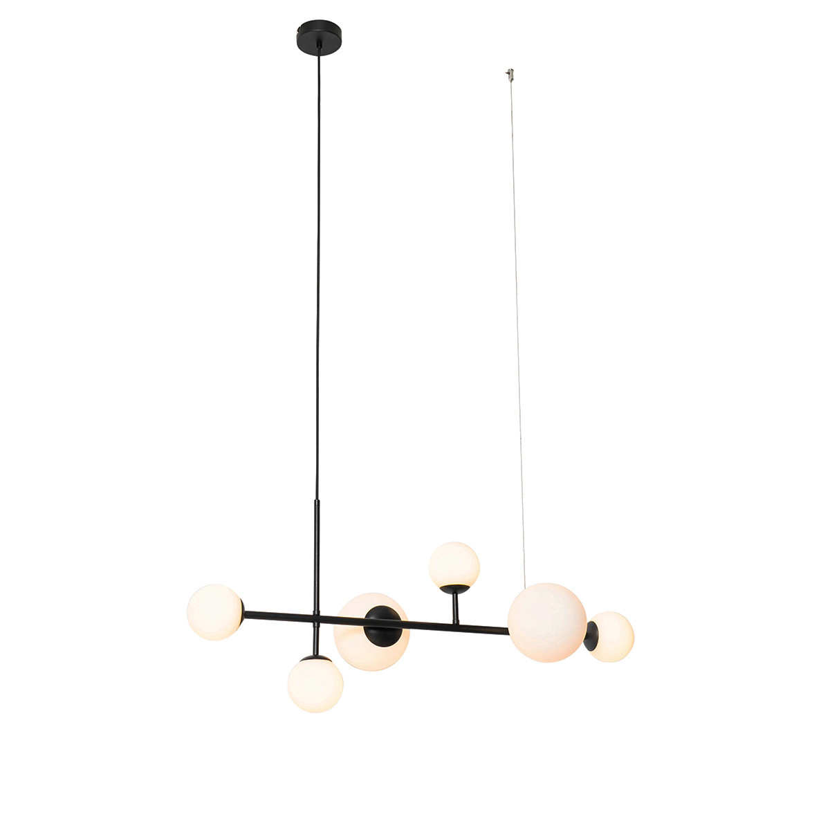 Smart Hanglamp zwart met mat glas langwerpig 6-lichts incl. 6 Wifi G9 - Monaco