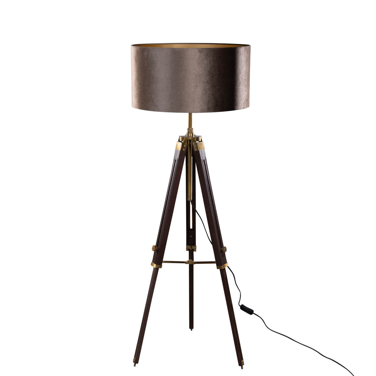 Mosadzná trojnohá stojacia lampa s hnedým zamatovým tienidlom 50 cm - Cortin