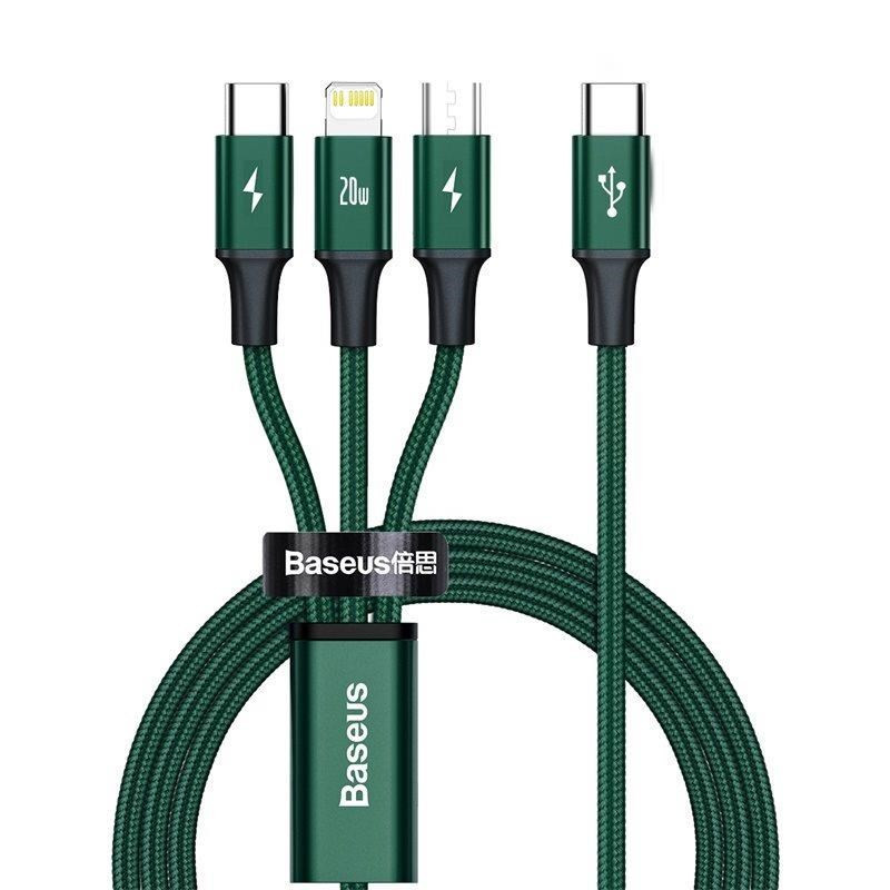 Baseus Rapid Series nabíjací / dátový kábel 3v1 Type-C/ (Micro USB + Lightning PD 20W + USB-C) 1.5m zelená