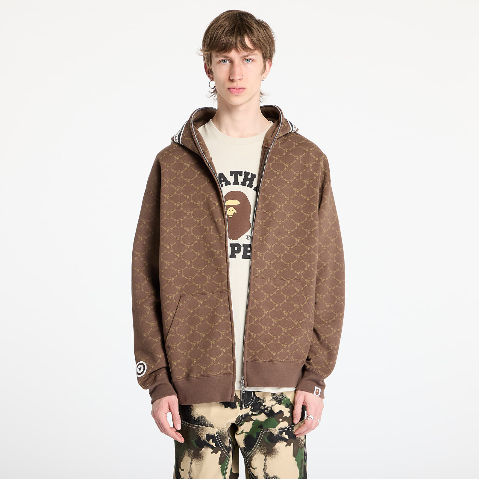 Mikina A BATHING APE College Monogram Relaxed Fit Shark Full Zip Hoodie UNISEX Brown M