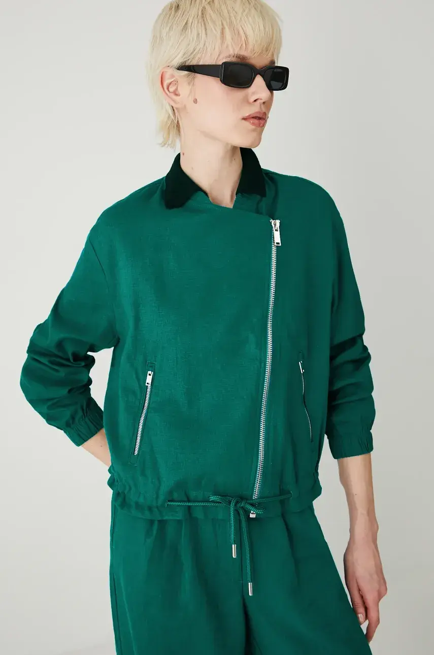 Ľanová bomber bunda Medicine zelená farba, prechodná, oversize
