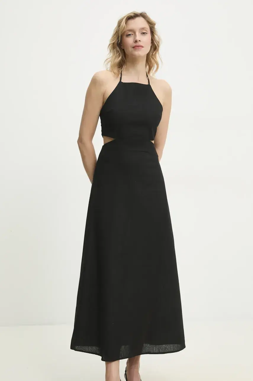 Šaty s prímesou ľanu Answear Lab čierna farba, maxi, rovný strih