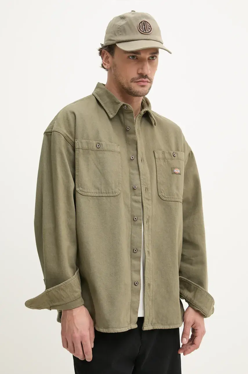 Bavlnená košeľa Dickies pánska, zelená farba, voľný strih, s klasickým golierom, DK0A4YF5MGR1