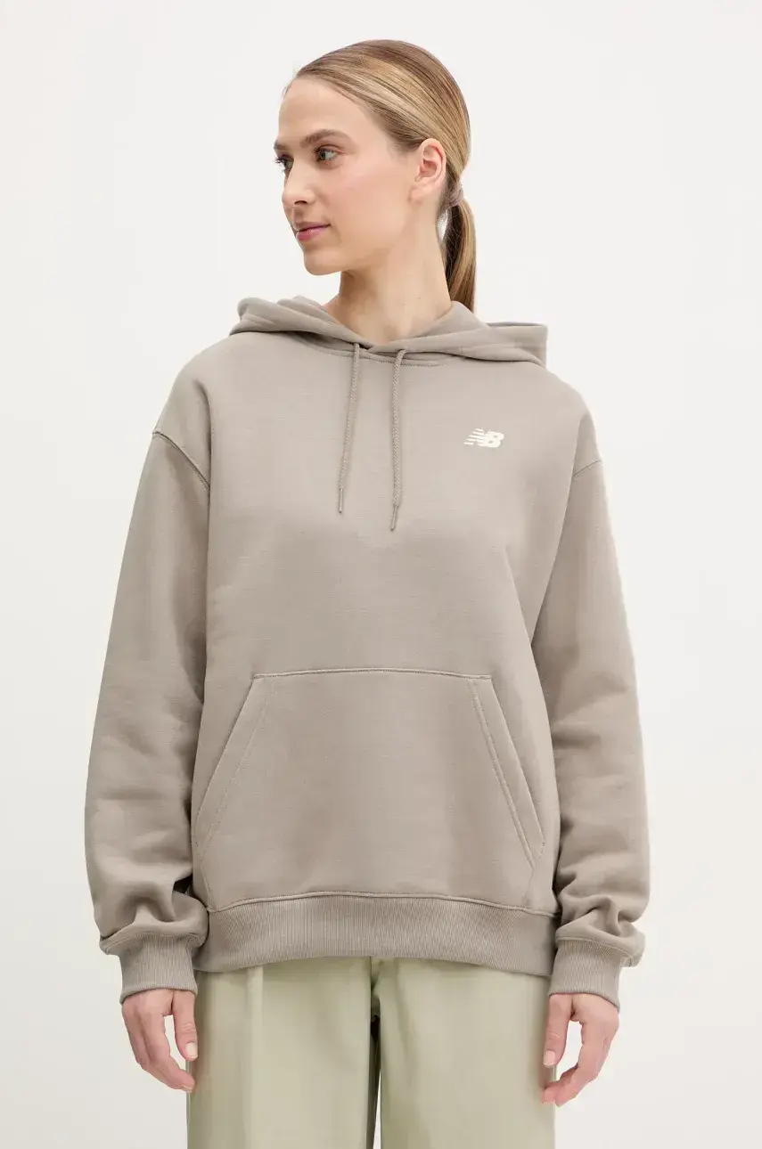 Mikina New Balance dámska, béžová farba, s kapucňou, s potlačou, WT51947DOK
