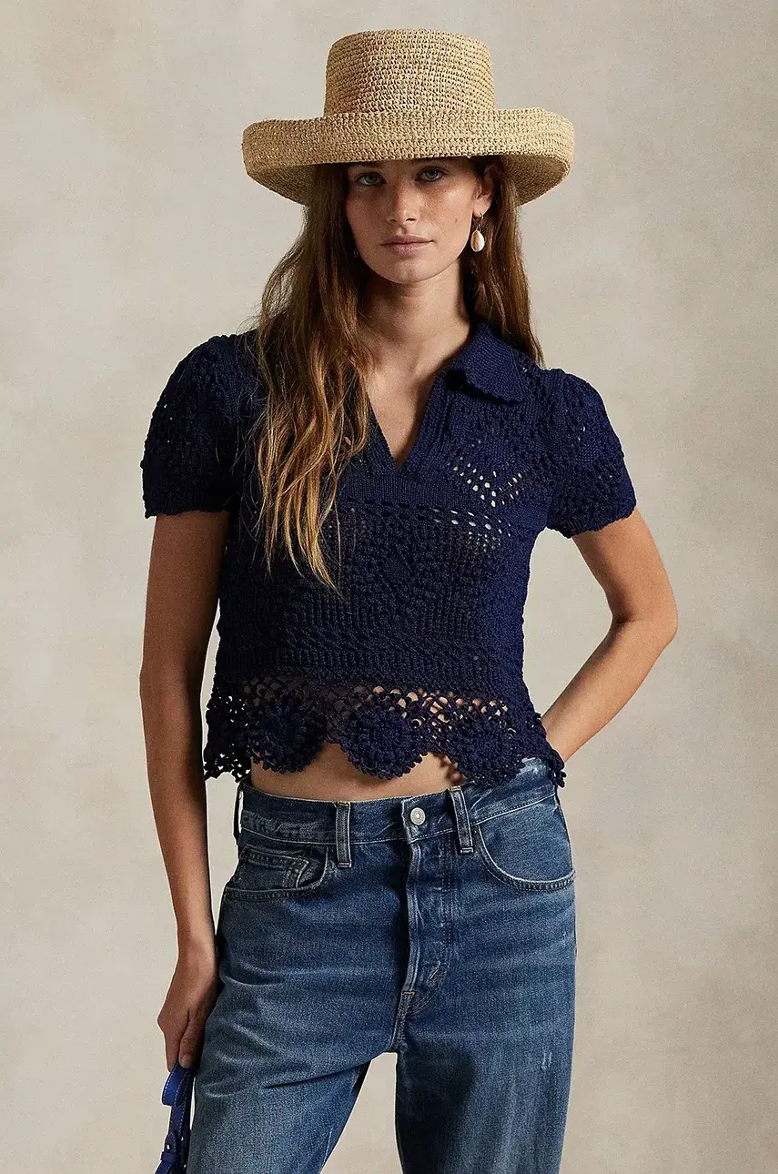 Bavlnený sveter Polo Ralph Lauren dámsky, tmavomodrá farba, tenký, 211935329