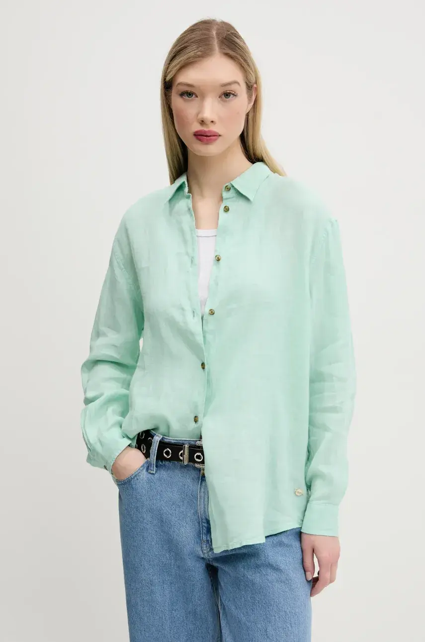 Ľanová košeľa Superdry dámska, zelená farba, voľný strih, s klasickým golierom, W4010463A-2OK