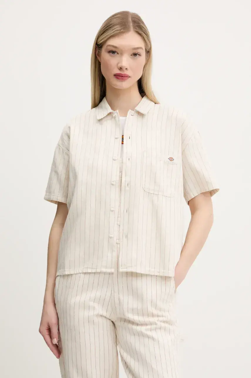 Bavlnená košeľa Dickies dámska, béžová farba, voľný strih, s klasickým golierom, DK0A4Z7UC481