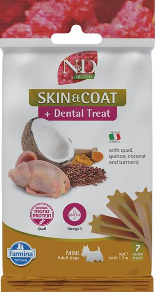 Farmina Quinoa Dog Skin Coat Quail Adult Mini maškrta pre psy 60g
