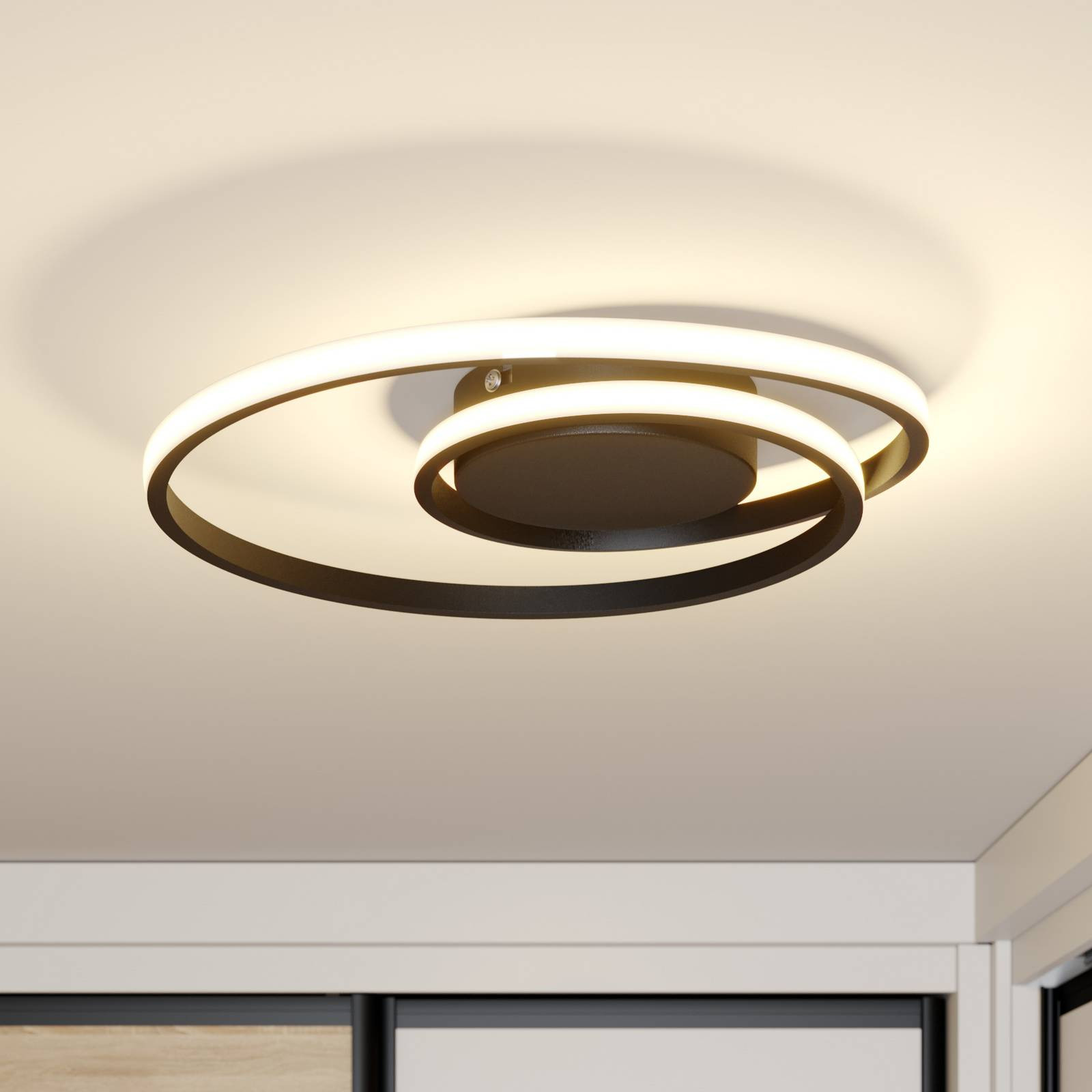 Lindby LED stropné svietidlo Kyron, čierne, hliník, stmievateľné, Ø45cm