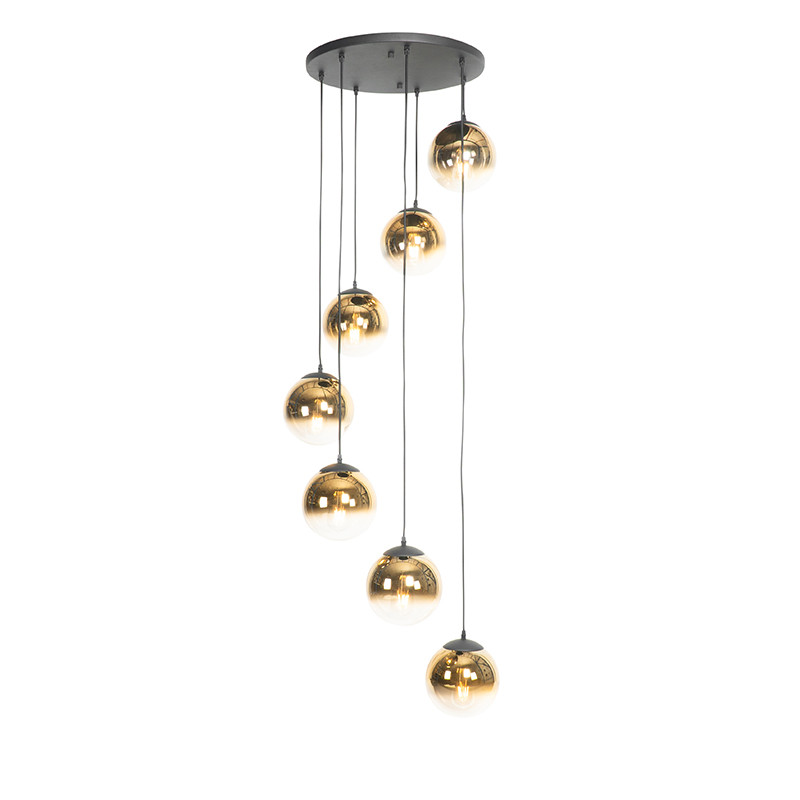 Smart hanglamp zwart met goud glas 7-lichts incl. 7 Wifi A60- pallon