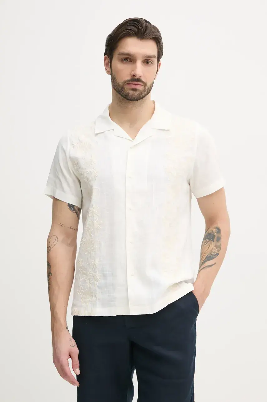 Košeľa s prímesou ľanu Guess MOSLEY pánska, béžová farba, regular, M5GH79 WH350