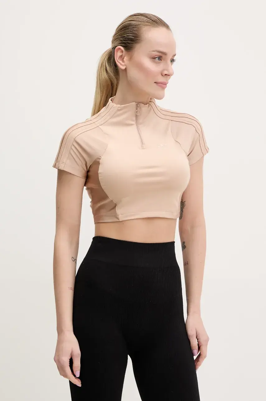 Tričko adidas Originals Zip Up Crop Top dámske, oranžová farba, s polorolákom, JJ0916