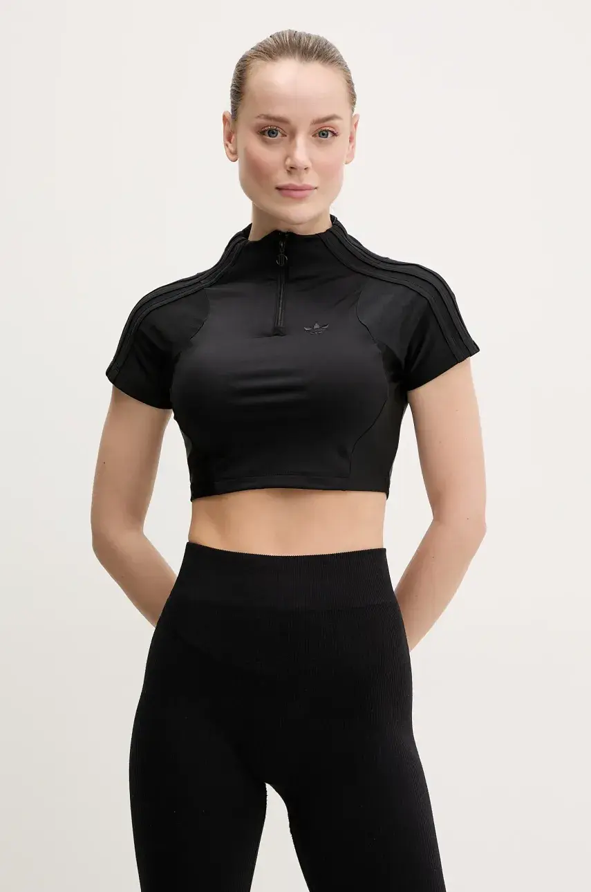 Tričko adidas Originals Zip Up Crop Top dámske, čierna farba, s polorolákom, JJ0917