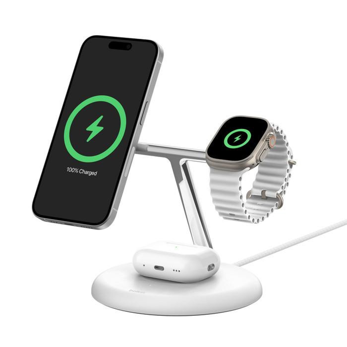 Belkin BOOST CHARGE PRE Qi2, 15W 3v1 magnetický stojan, biely