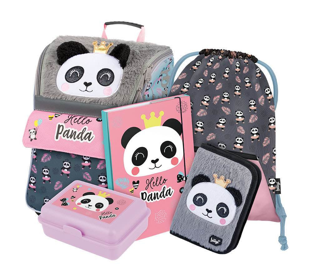 Školská súprava 5 kusov - aktovka, peračník, vrecko, dosky, box BAAGL Zippy Panda - 18 L