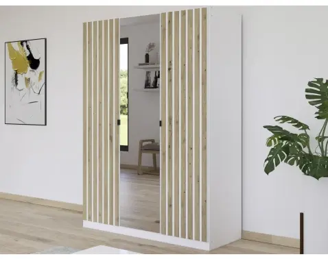 Šatníková skriňa so zrkadlom Genua, 136 cm, biela/dub artisan%