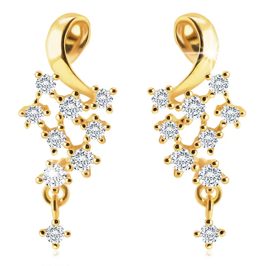 Diamantové náušnice zo žltého 14K zlata - lesklá línia slučka, číre brilianty, puzety