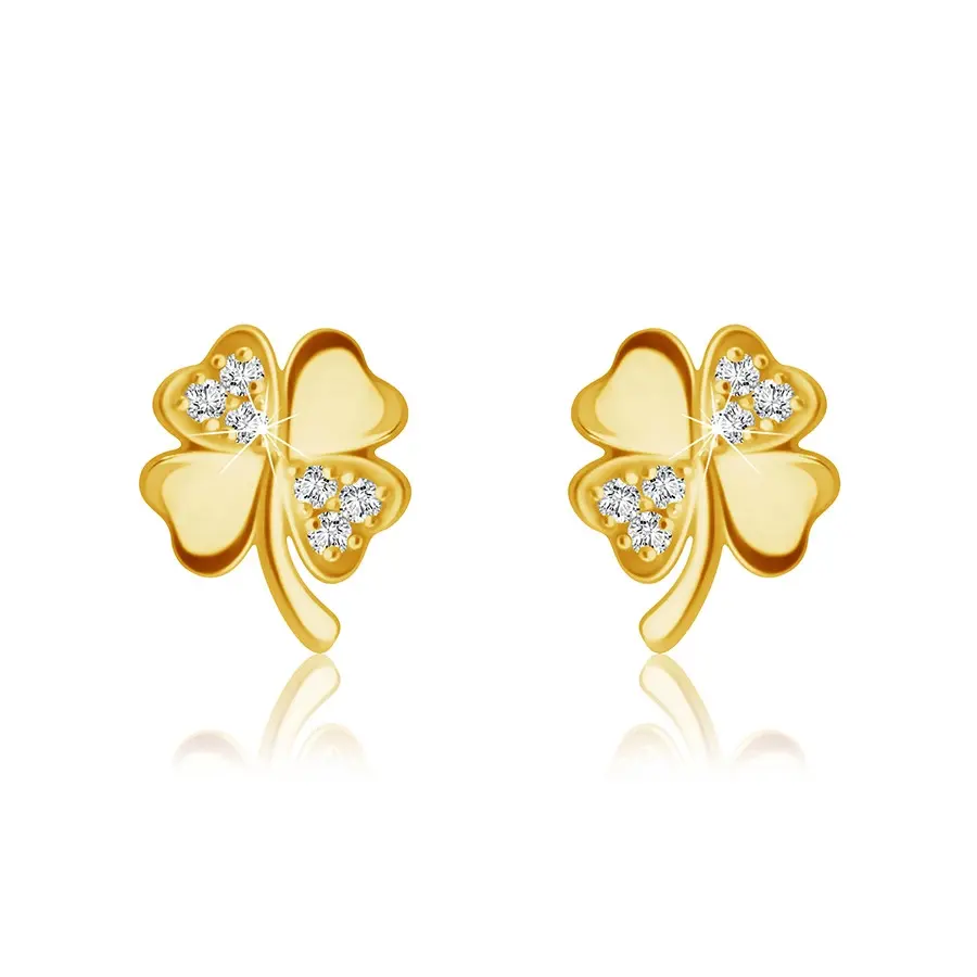 Diamantové náušnice zo 14K žltého zlata - štvorlístok s ligotavými briliantmi