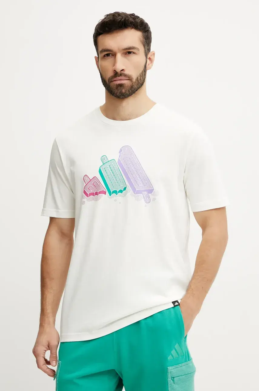 Bavlnené tričko adidas pánske, béžová farba, s potlačou, JJ4020