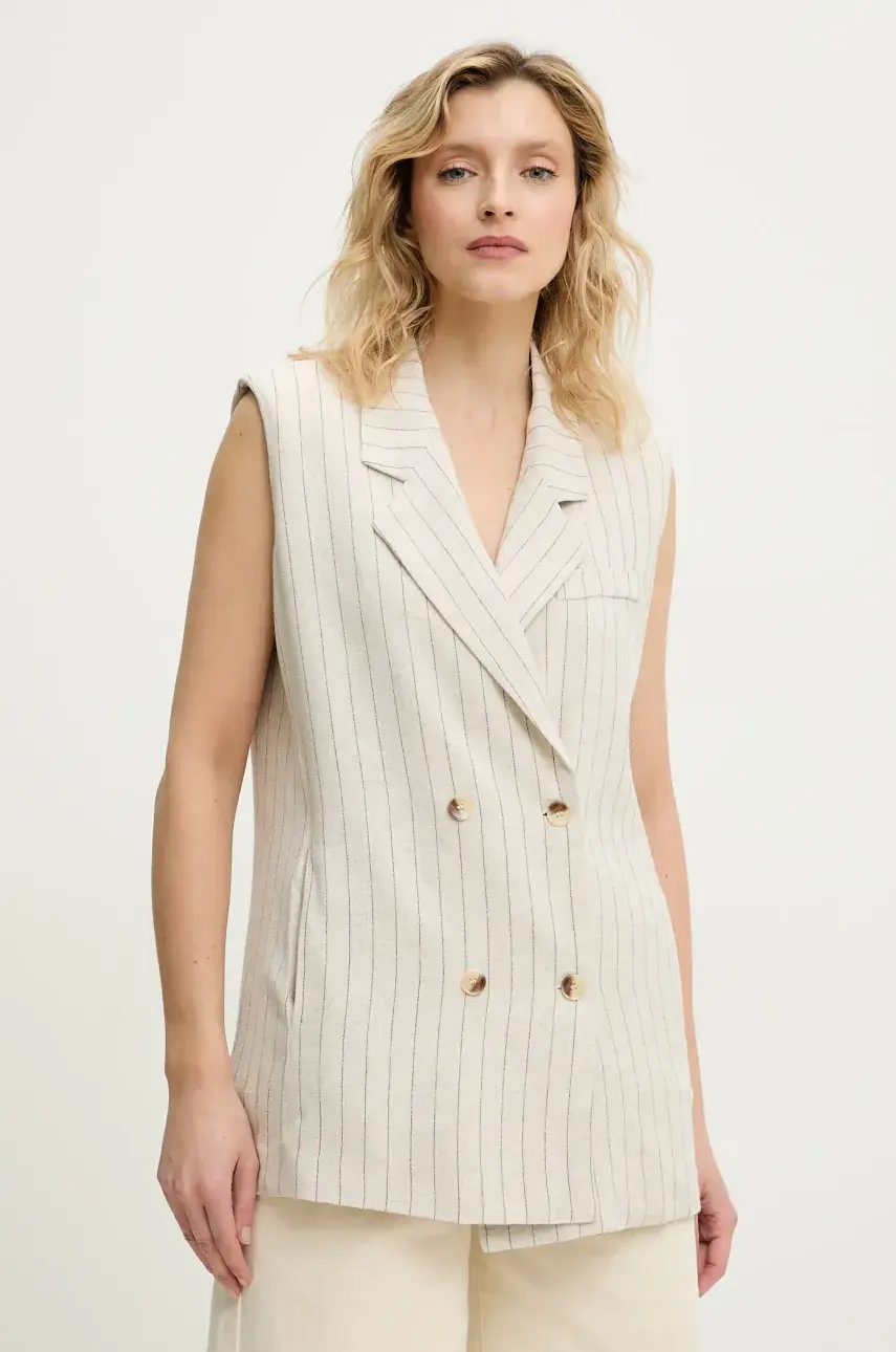 Vesta s prímesou ľanu Answear Lab béžová farba, dvojradová