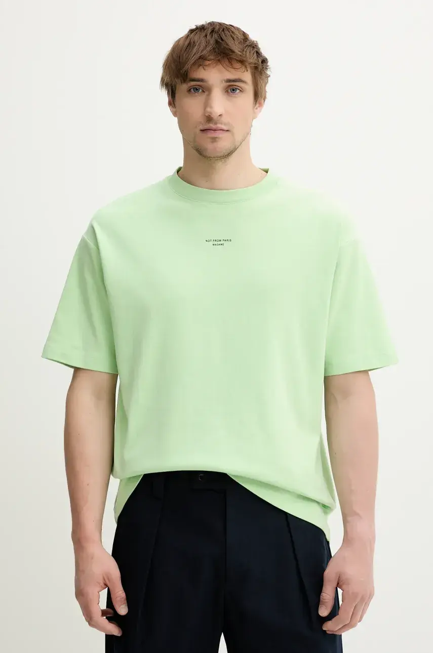 Bavlnené tričko Drôle de Monsieur Le T-Shirt Slogan Classique pánske, zelená farba, s potlačou, G-TS202-CO002-LGN