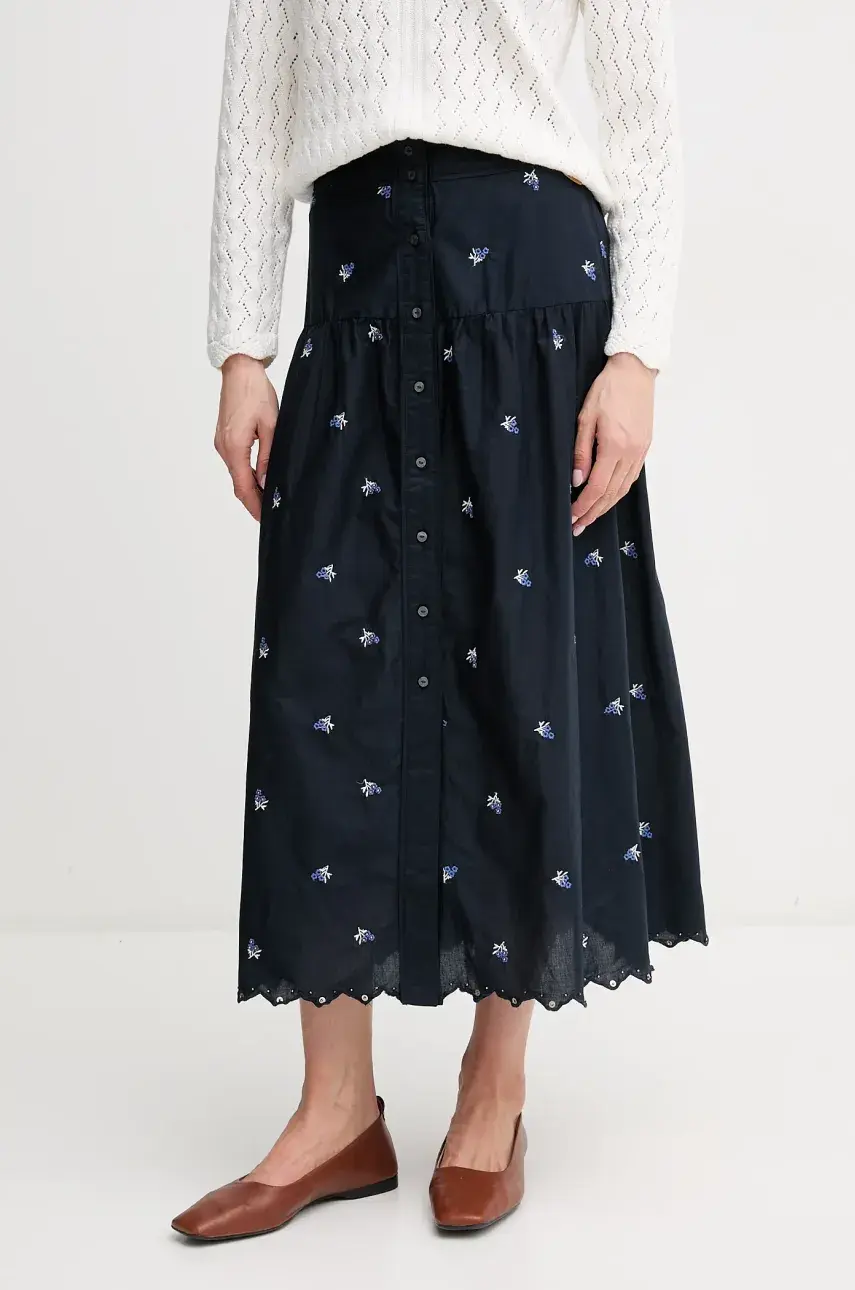 Bavlnená sukňa Pepe Jeans EVEN tmavomodrá farba, midi, áčkový strih, PL901217