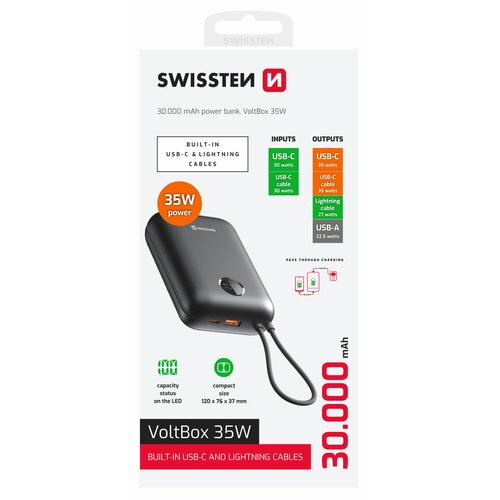 Swissten Powerbanka Voltbox 30000 mAh 35W s USB-C a Lightning káblom - Čierna