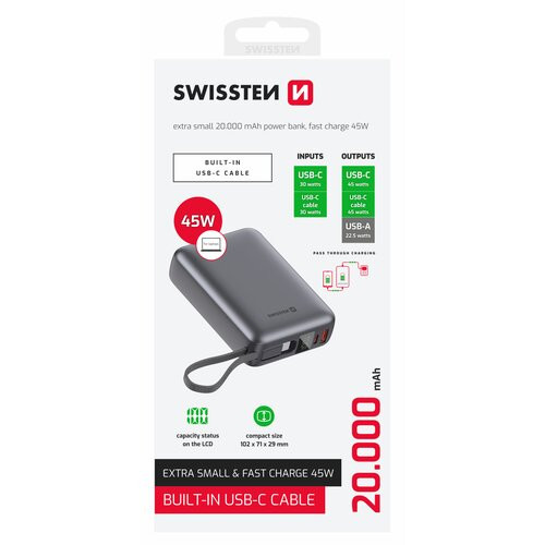Swissten Powerbanka 20000 mAh 45W s USB-C káblom - Vesmírna šedá