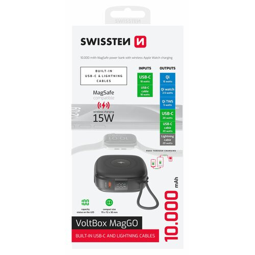 Swissten Powerbanka Voltbox MagGo 10000 mAh s USB-C a Lightning káblom + Magsafe + Apple watch
