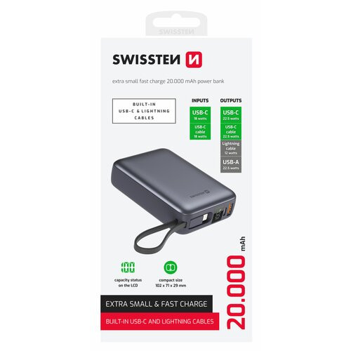 Swissten Powerbanka 20000 mAh s USB-C a Lightning káblom - Vesmírna šedá