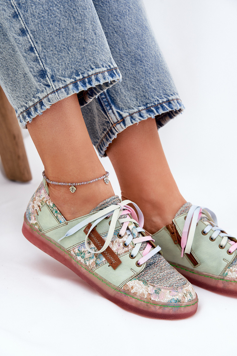 Svetlozelené vzorované kožené dámske poltopánky na gumovej podrážke - 36