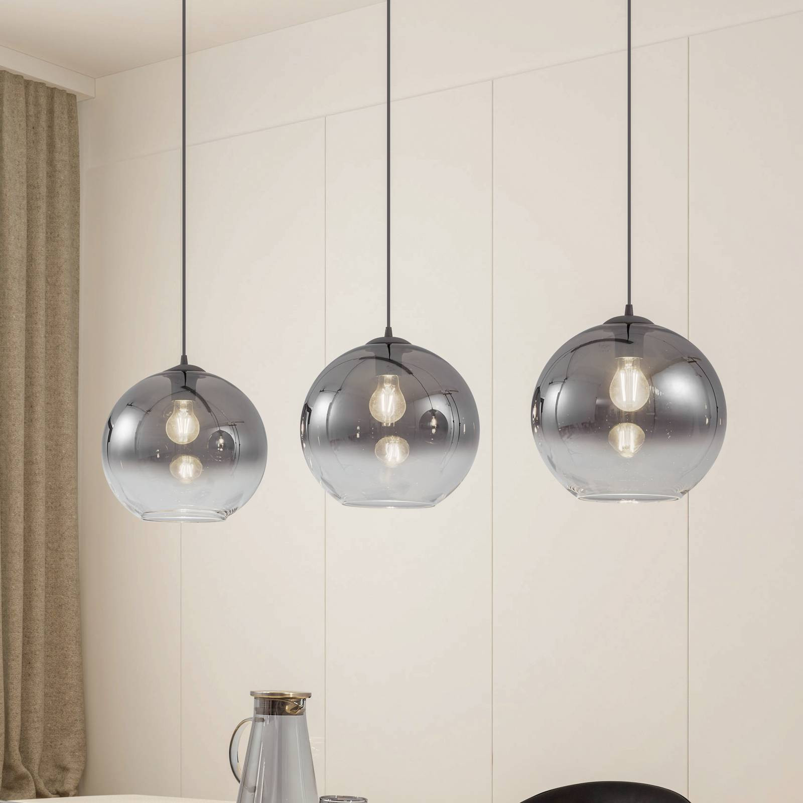 Lucande závesné svietidlo Brillar, dymovo sivá, sklo, 3 svetlá, 128 cm