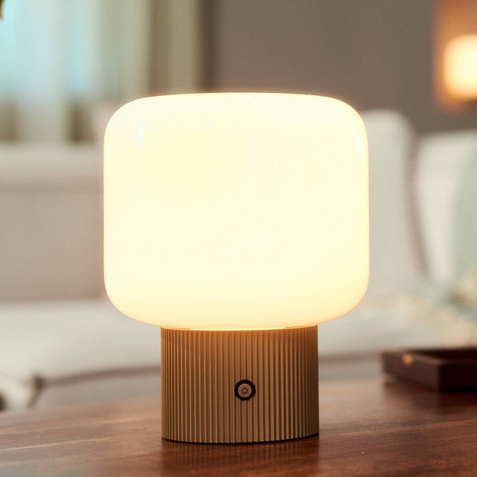 Stolová LED lampa Lucande Katrin Palm, béžová, sklo