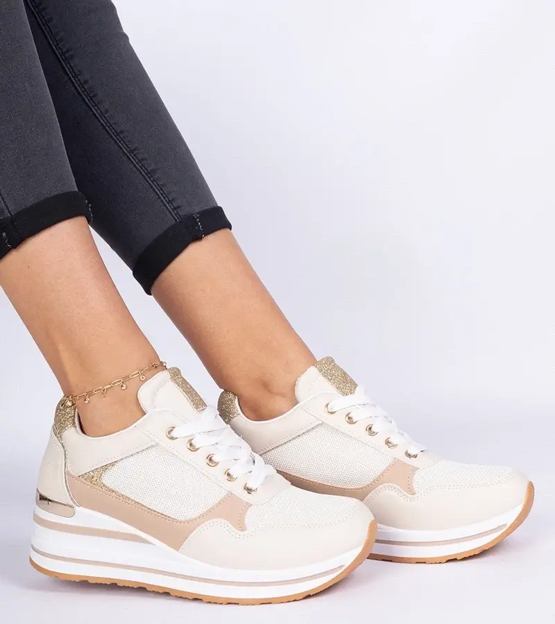 marka niezdefiniowana Beige sneakers decorated with glitter and a metal insert Olaria