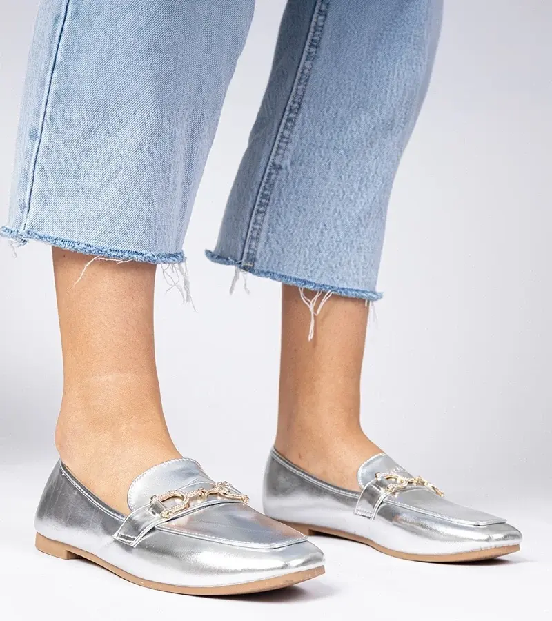 marka niezdefiniowana Silver elegant moccasins with rhinestones Banzao
