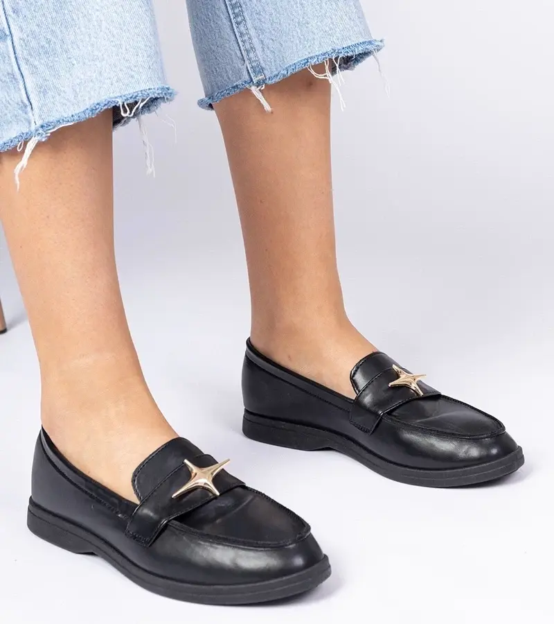 marka niezdefiniowana Black women's moccasins with gold decoration Senna