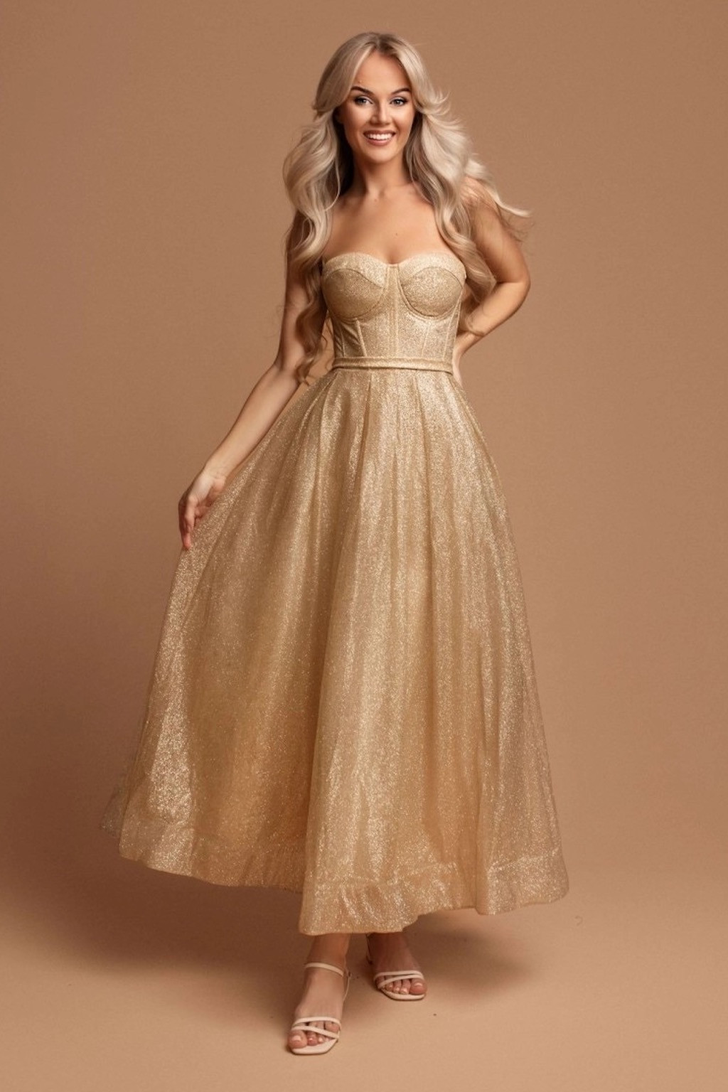 Zlaté trblietavé midi šaty Veľkosť: S