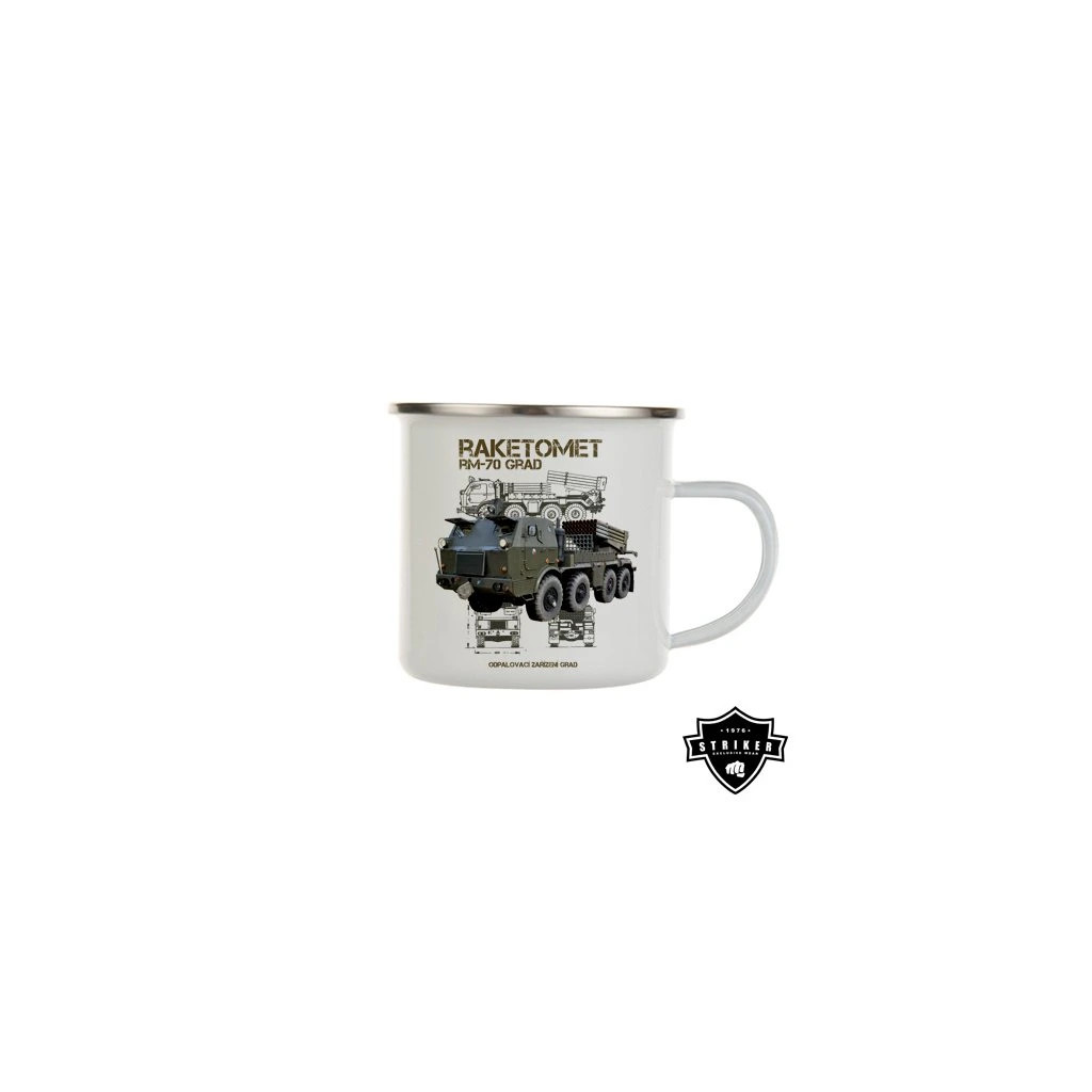 Hrnček smaltovaný (plechový) Striker Raketomet RM-70 Grad 300 ml - biely